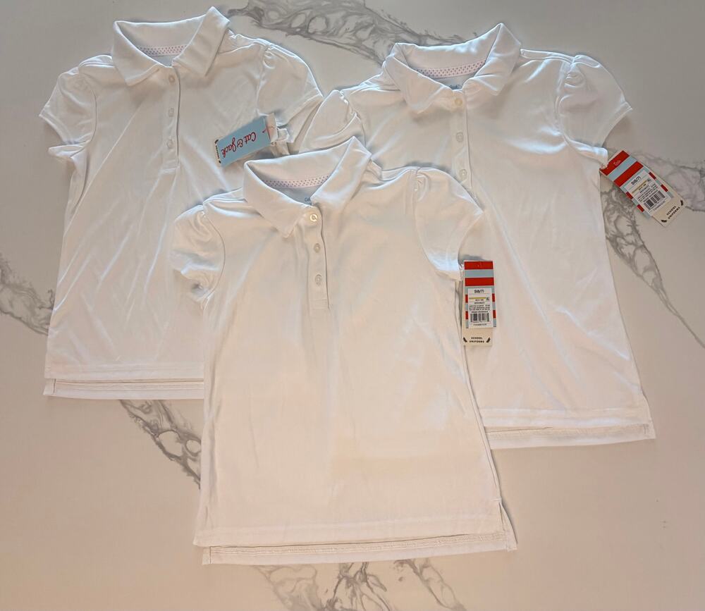 Cat & Jack Girls School Uniform Polo Shirts Size S 6/7 White Lot of 3 NWT